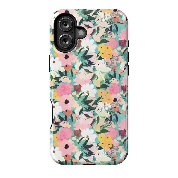 iPhone 16 Plus StrongFit Pretty Watercolor Pink & White Floral Green Design by InovArts