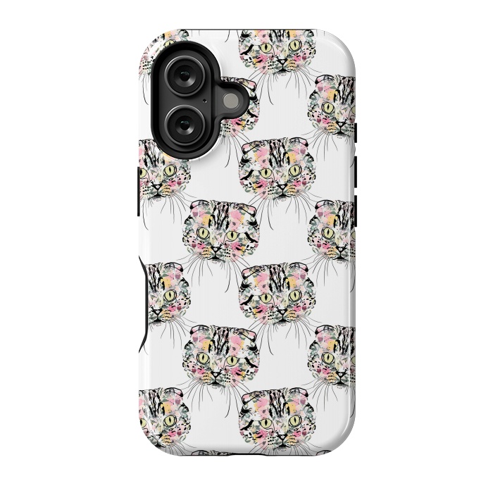 iPhone 16 StrongFit Cute Pink Cat & watercolor flowers Animal Pattern by InovArts