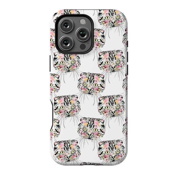 iPhone 16 Pro Max StrongFit Cute Pink Cat & watercolor flowers Animal Pattern by InovArts