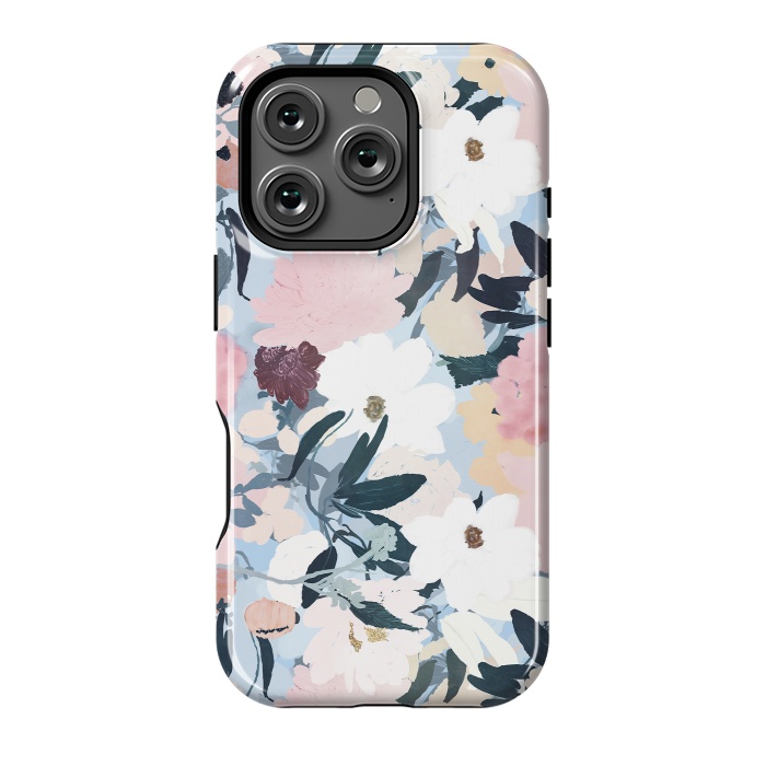 iPhone 16 Pro StrongFit Pretty Grayish Blue Watercolor Pink & White Floral Design by InovArts