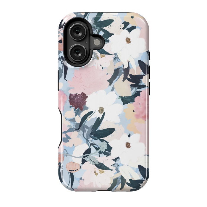 iPhone 16 StrongFit Pretty Grayish Blue Watercolor Pink & White Floral Design by InovArts