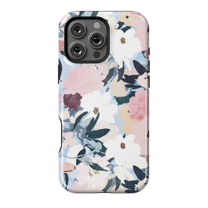 iPhone 16 Pro Max StrongFit Pretty Grayish Blue Watercolor Pink & White Floral Design by InovArts