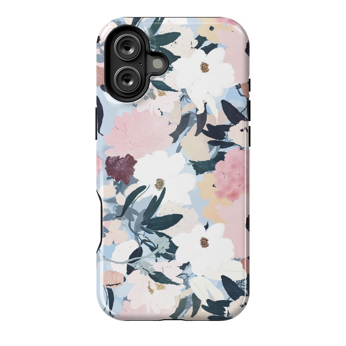 iPhone 16 Plus StrongFit Pretty Grayish Blue Watercolor Pink & White Floral Design by InovArts