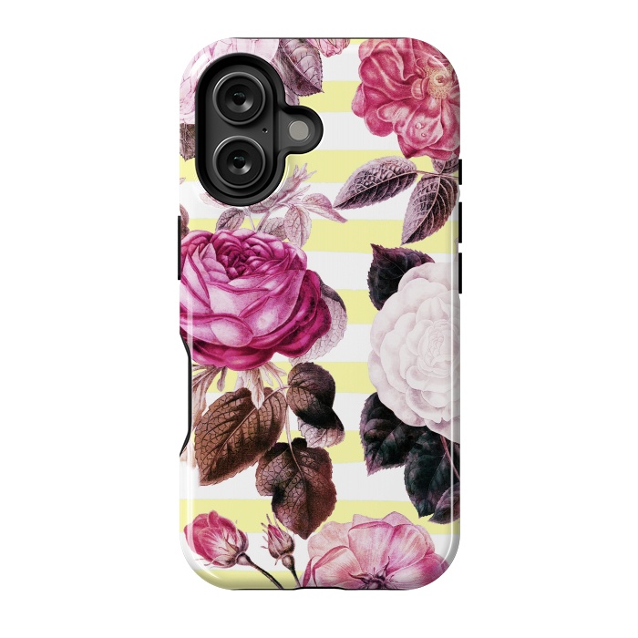 iPhone 16 StrongFit Vintage romantic roses and bright yellow stripes by Oana 