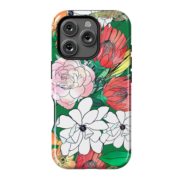 iPhone 16 Pro StrongFit Colorful Hand Drawn Flowers Green Girly Design by InovArts