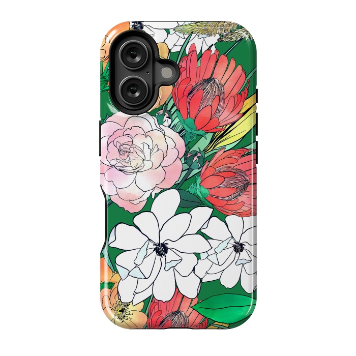 iPhone 16 StrongFit Colorful Hand Drawn Flowers Green Girly Design by InovArts