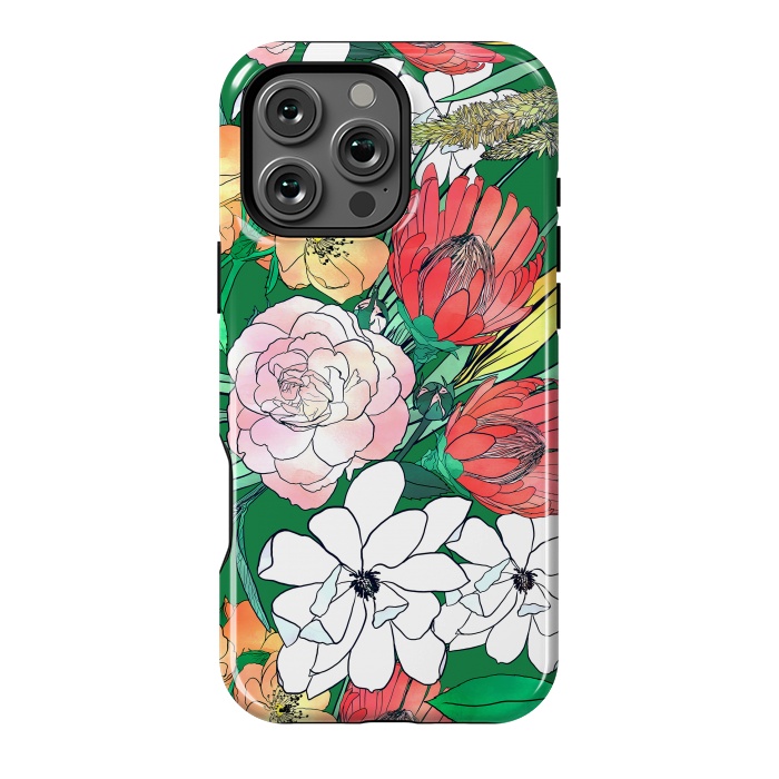 iPhone 16 Pro Max StrongFit Colorful Hand Drawn Flowers Green Girly Design by InovArts