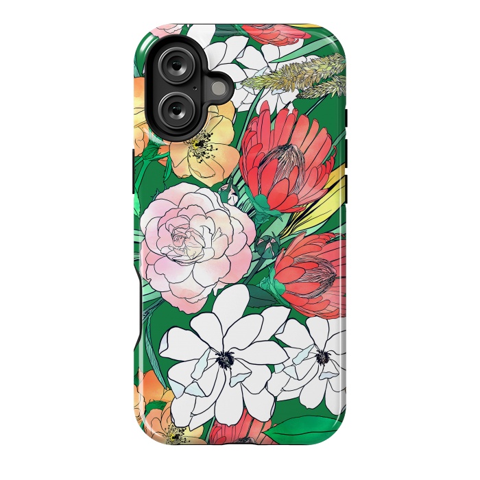 iPhone 16 Plus StrongFit Colorful Hand Drawn Flowers Green Girly Design by InovArts