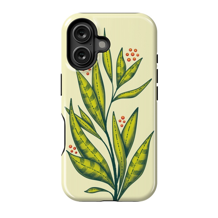 iPhone 16 StrongFit Abstract green plant with decorative leaves and berries by Boriana Giormova