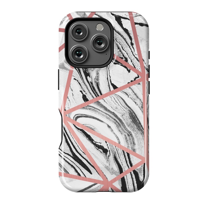 iPhone 16 Pro StrongFit White marble with black stripes and rose gold triangles by Oana 