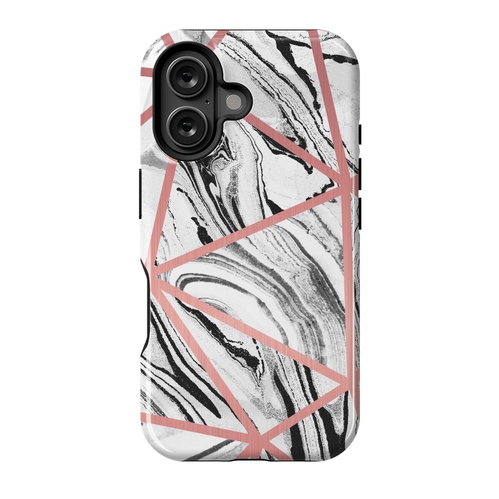 iPhone 16 StrongFit White marble with black stripes and rose gold triangles by Oana 