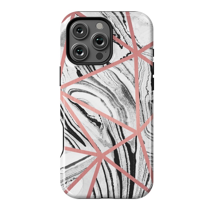 iPhone 16 Pro Max StrongFit White marble with black stripes and rose gold triangles by Oana 