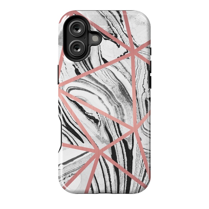 iPhone 16 Plus StrongFit White marble with black stripes and rose gold triangles by Oana 