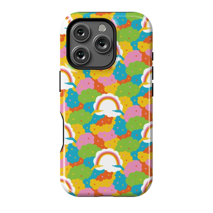 iPhone 16 Pro StrongFit Rainbows, clouds, hands, We're in This Together repeat pattern in pastels by Portia Monberg