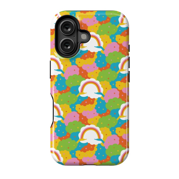 iPhone 16 StrongFit Rainbows, clouds, hands, We're in This Together repeat pattern in pastels by Portia Monberg