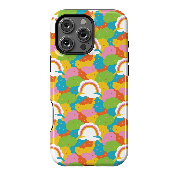 iPhone 16 Pro Max StrongFit Rainbows, clouds, hands, We're in This Together repeat pattern in pastels by Portia Monberg