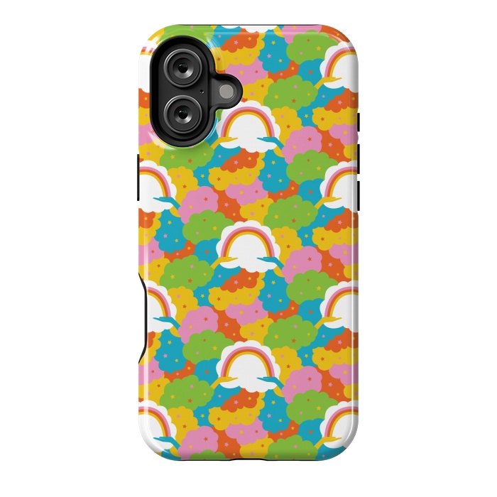 iPhone 16 Plus StrongFit Rainbows, clouds, hands, We're in This Together repeat pattern in pastels by Portia Monberg