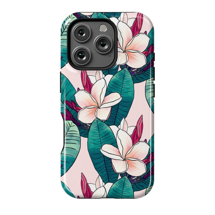 iPhone 16 Pro StrongFit Trendy Tropical Plumeria Flowers Green Foliage Design by InovArts