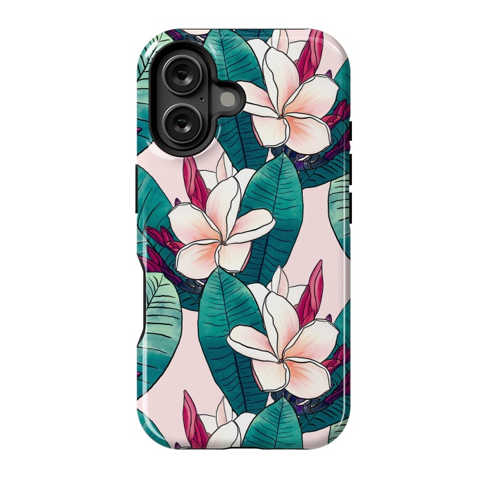 iPhone 16 StrongFit Trendy Tropical Plumeria Flowers Green Foliage Design by InovArts