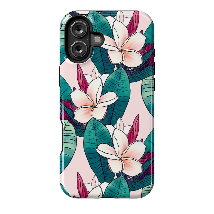 iPhone 16 Plus StrongFit Trendy Tropical Plumeria Flowers Green Foliage Design by InovArts