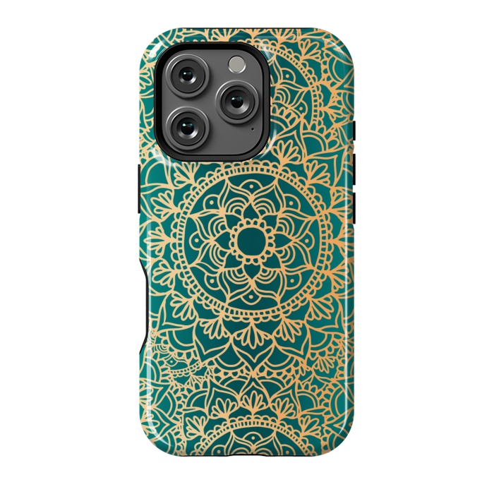 iPhone 16 Pro StrongFit Teal Green and Yellow Mandala Pattern by Julie Erin Designs