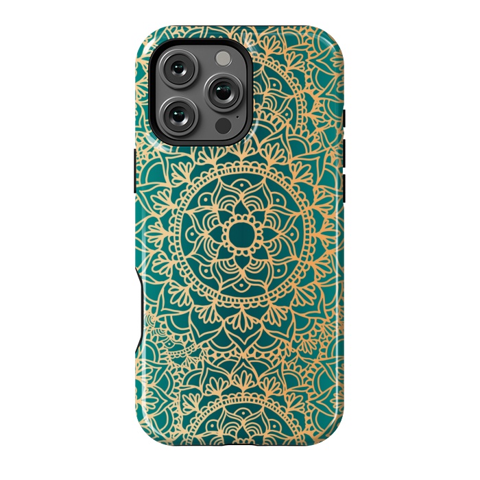 iPhone 16 Pro Max StrongFit Teal Green and Yellow Mandala Pattern by Julie Erin Designs