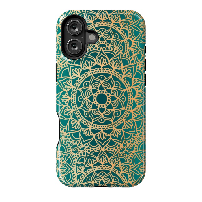 iPhone 16 Plus StrongFit Teal Green and Yellow Mandala Pattern by Julie Erin Designs