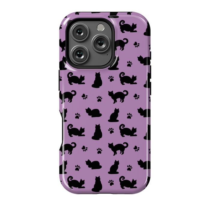 iPhone 16 Pro StrongFit Black and Purple Cats and Paw Prints Pattern by Julie Erin Designs