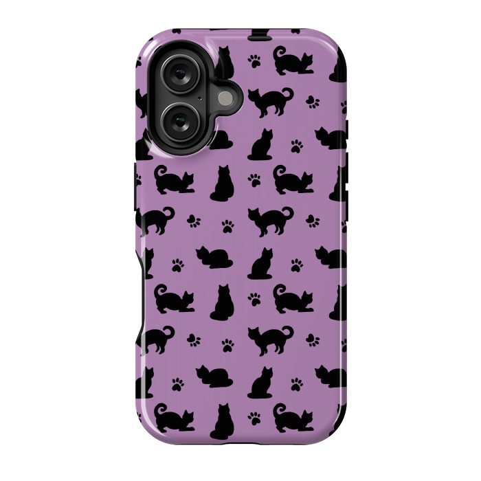 iPhone 16 StrongFit Black and Purple Cats and Paw Prints Pattern by Julie Erin Designs