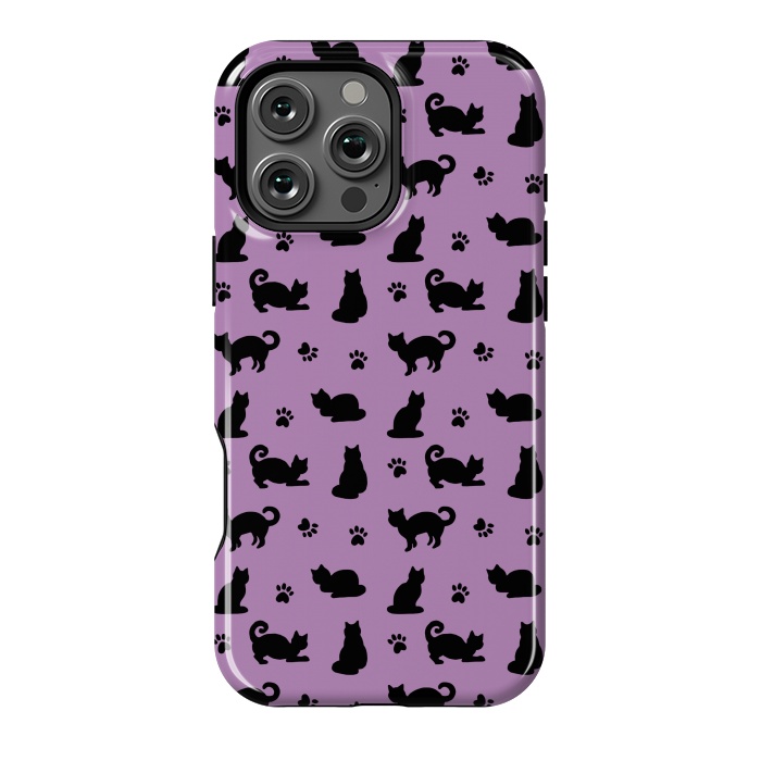 iPhone 16 Pro Max StrongFit Black and Purple Cats and Paw Prints Pattern by Julie Erin Designs