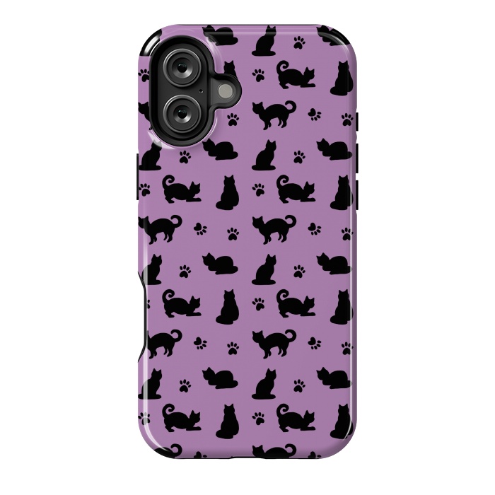 iPhone 16 Plus StrongFit Black and Purple Cats and Paw Prints Pattern by Julie Erin Designs