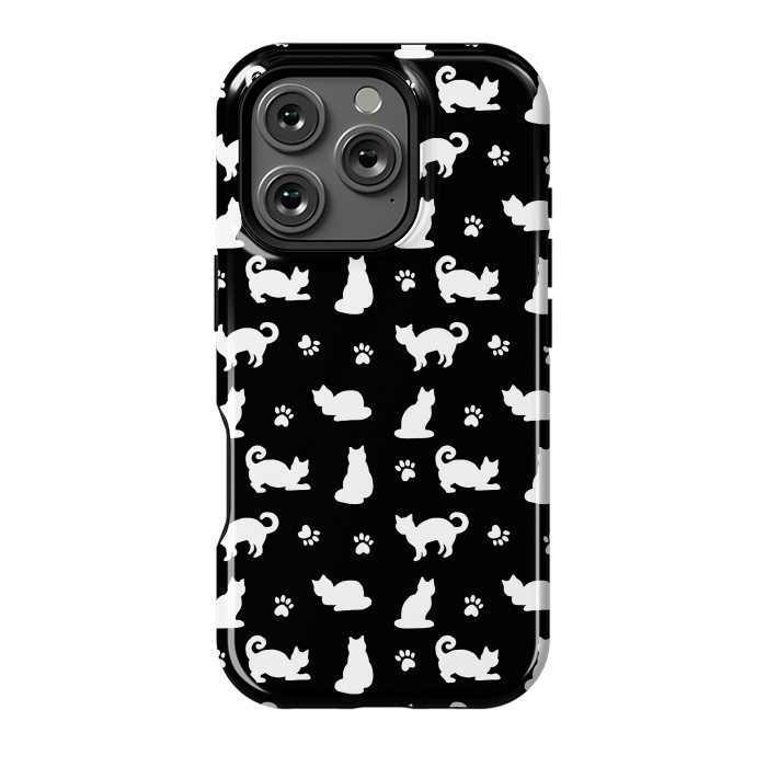 iPhone 16 Pro StrongFit Black and White Cats and Paw Prints Pattern by Julie Erin Designs