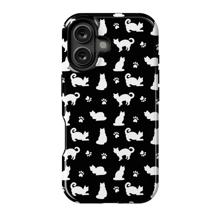 iPhone 16 StrongFit Black and White Cats and Paw Prints Pattern by Julie Erin Designs