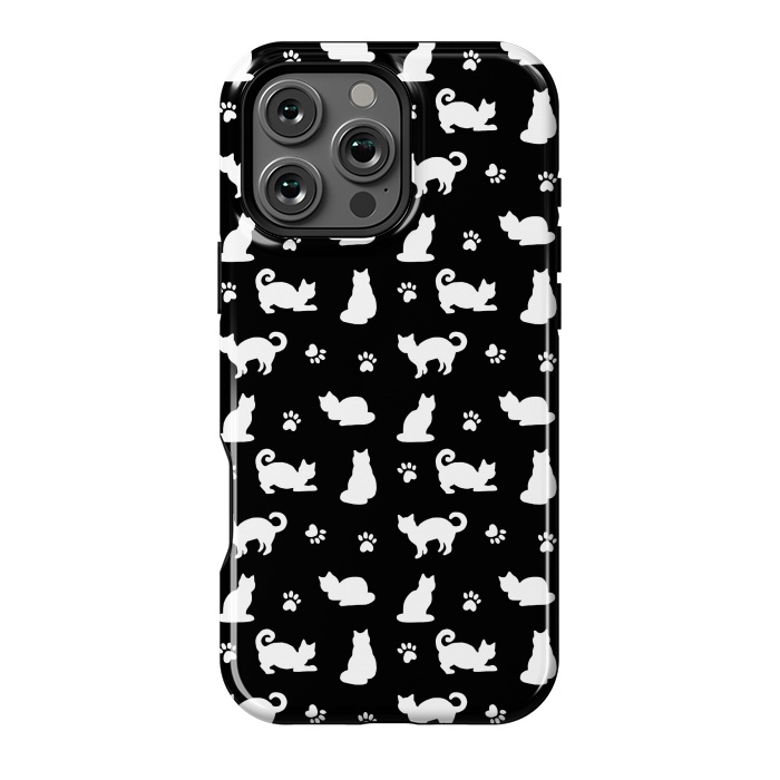 iPhone 16 Pro Max StrongFit Black and White Cats and Paw Prints Pattern by Julie Erin Designs