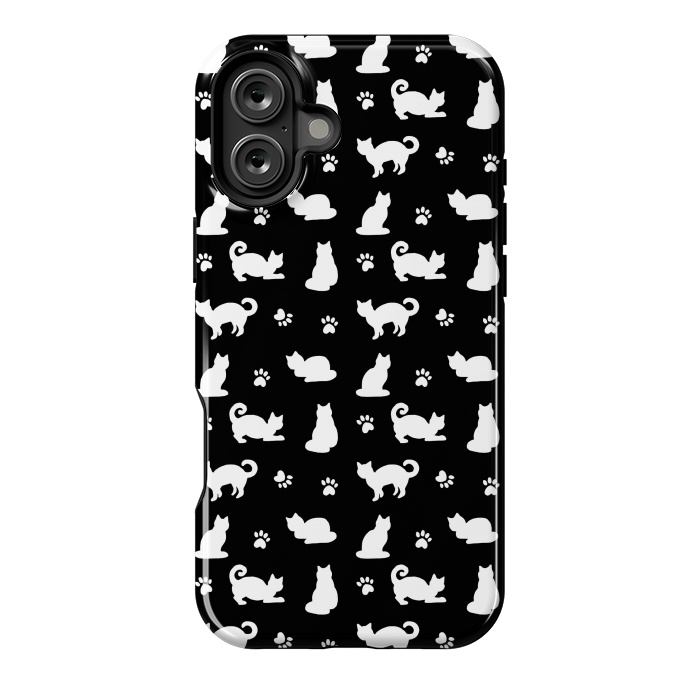 iPhone 16 Plus StrongFit Black and White Cats and Paw Prints Pattern by Julie Erin Designs