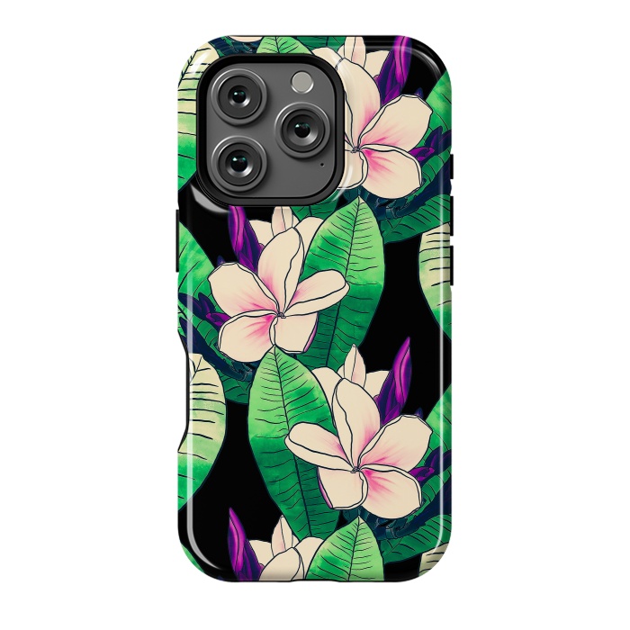 iPhone 16 Pro StrongFit Stylish Plumeria Flower Tropical Green Foliage Design by InovArts