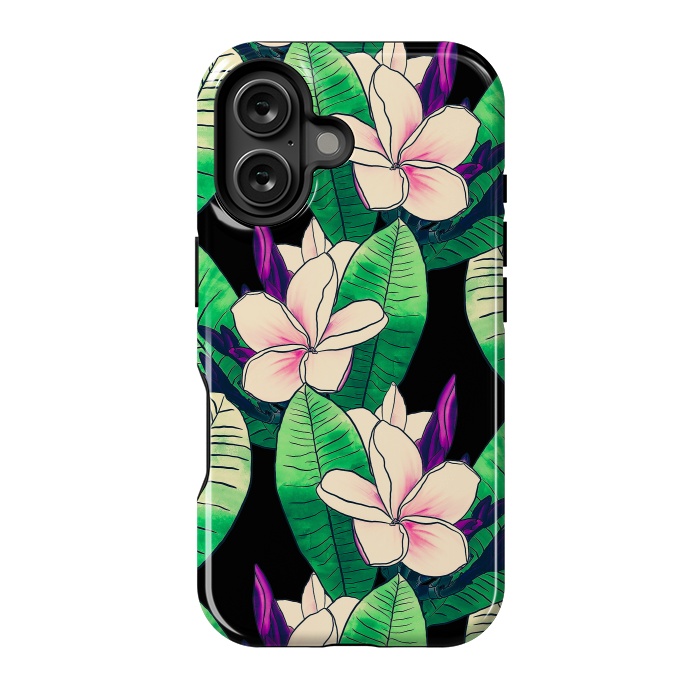 iPhone 16 StrongFit Stylish Plumeria Flower Tropical Green Foliage Design by InovArts