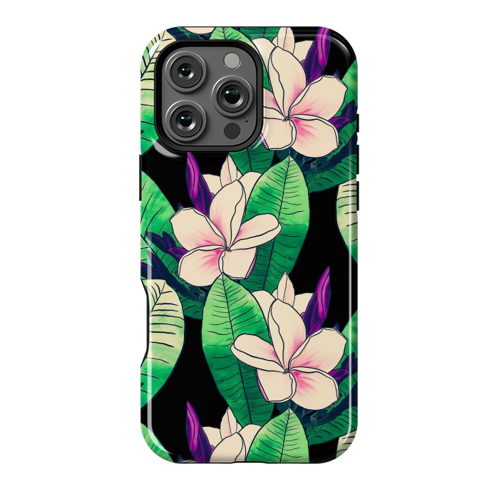 iPhone 16 Pro Max StrongFit Stylish Plumeria Flower Tropical Green Foliage Design by InovArts