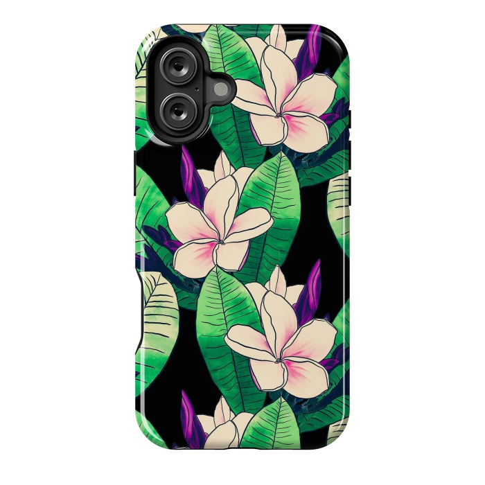 iPhone 16 Plus StrongFit Stylish Plumeria Flower Tropical Green Foliage Design by InovArts