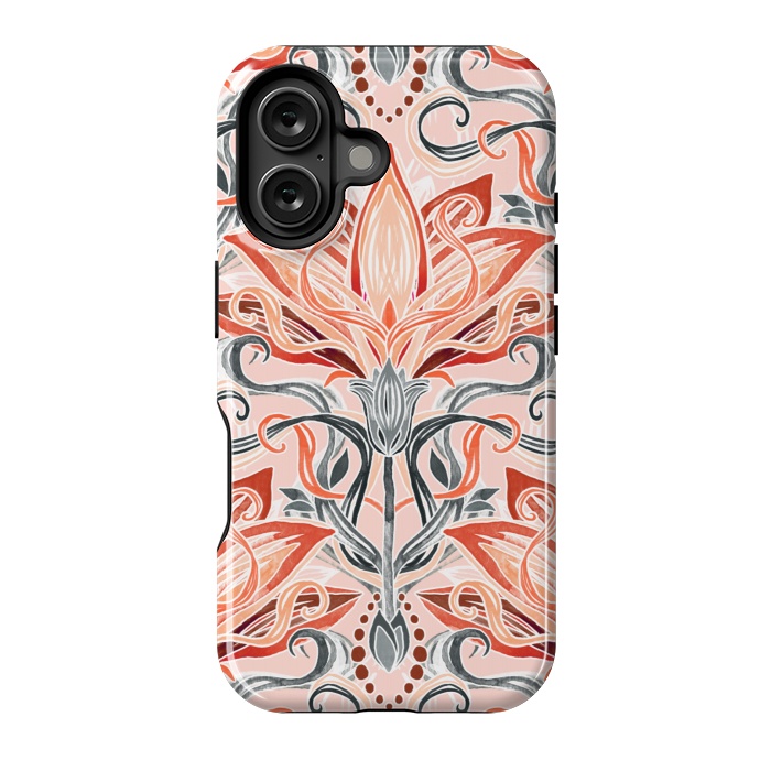 iPhone 16 StrongFit Coral and Grey Watercolor Art Nouveau Aloe by Micklyn Le Feuvre