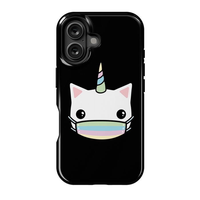 iPhone 16 StrongFit Rainbow face mask cat by Laura Nagel