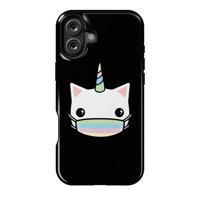 iPhone 16 Plus StrongFit Rainbow face mask cat by Laura Nagel