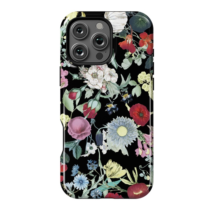 iPhone 16 Pro Max StrongFit Elegant botanical flowers on black background by Oana 