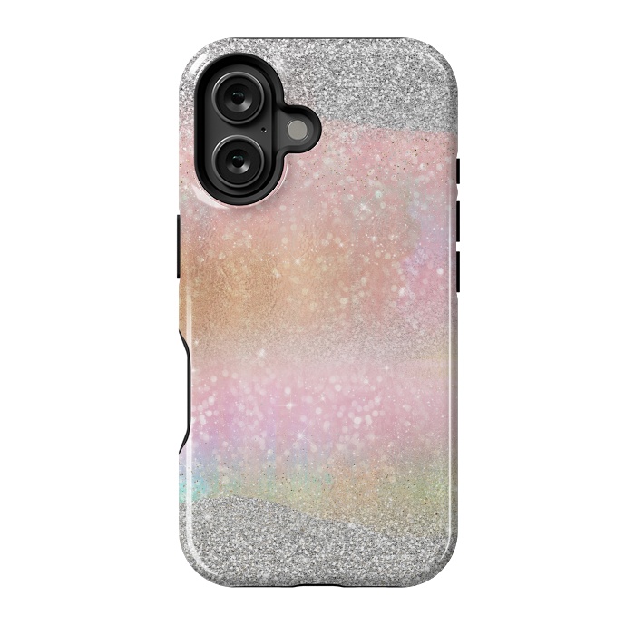 iPhone 16 StrongFit Elegant Silver Gold strokes rainbow glow Glitter abstract image by InovArts