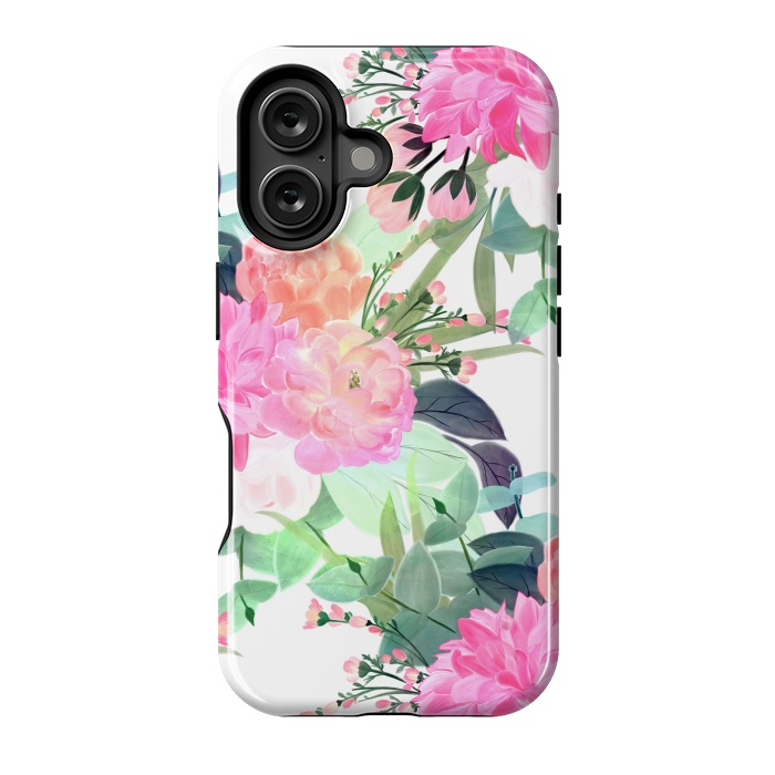 iPhone 16 StrongFit Girly Pink & White Flowers Watercolor Paint by InovArts