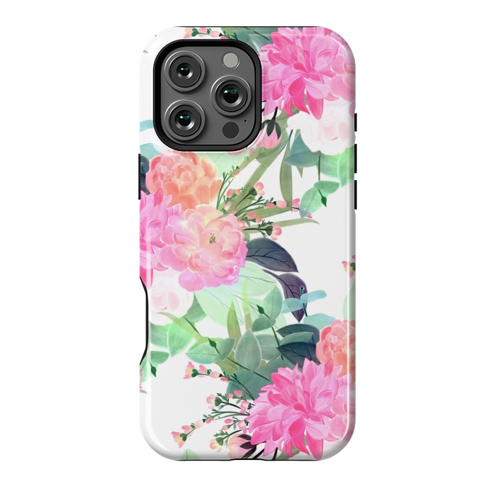 iPhone 16 Pro Max StrongFit Girly Pink & White Flowers Watercolor Paint by InovArts