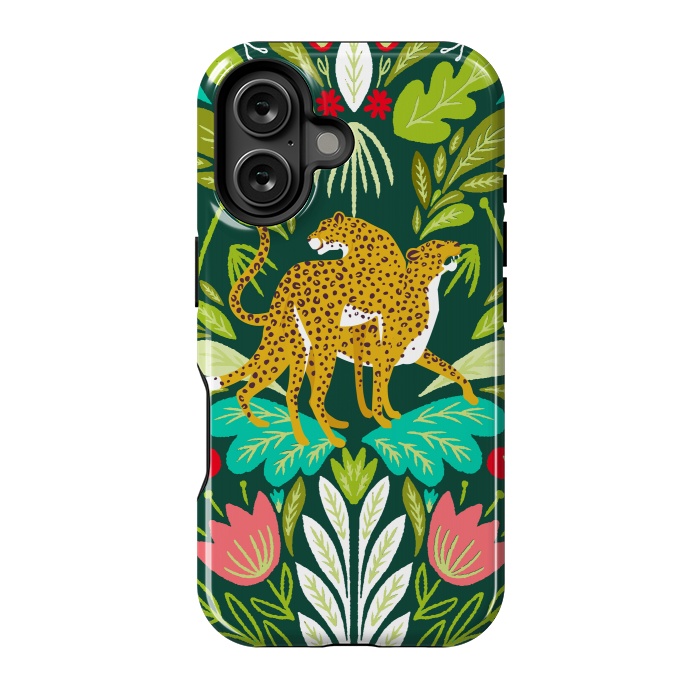 iPhone 16 StrongFit "Cheetah Couple Illustration, Wild Cat Jungle Nature, Mandala Painting, Wildlife Tropical Tiger" by Uma Prabhakar Gokhale