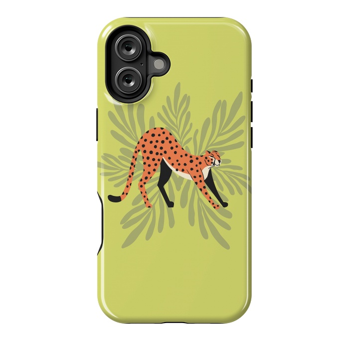 iPhone 16 Plus StrongFit Cheetah stretching mint by Jelena Obradovic