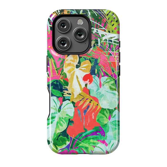 iPhone 16 Pro StrongFit Find Me Where The Tropical Things Are | Jungle Botanical Palm Colorful Painting by Uma Prabhakar Gokhale