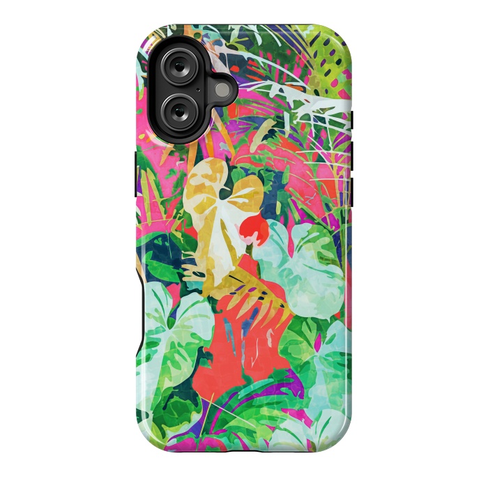 iPhone 16 Plus StrongFit Find Me Where The Tropical Things Are | Jungle Botanical Palm Colorful Painting by Uma Prabhakar Gokhale